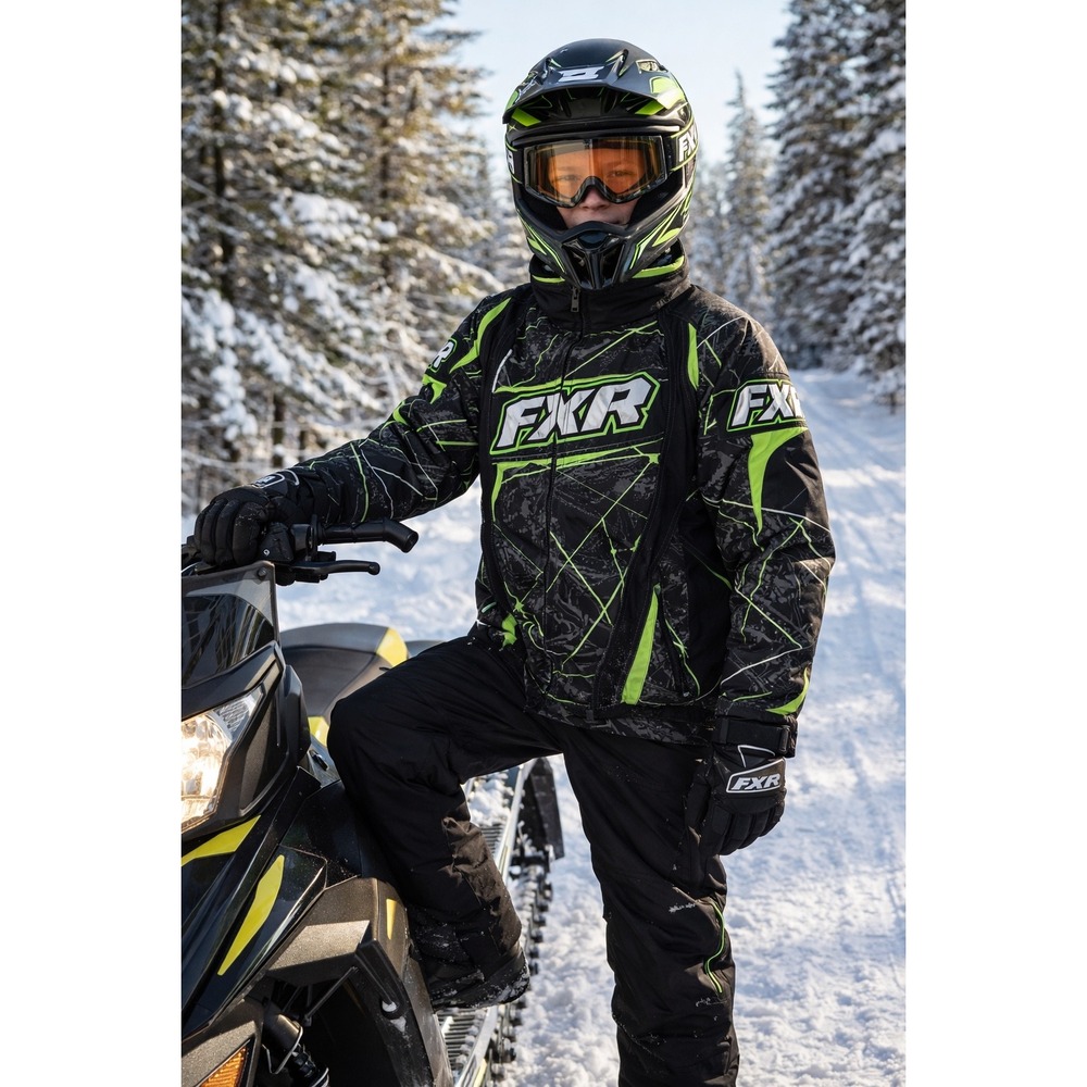 FXR Youth Helix Snowmobile Jacket F.A.S.T. Sz 14‎ Black Green Winter Gear Flaw